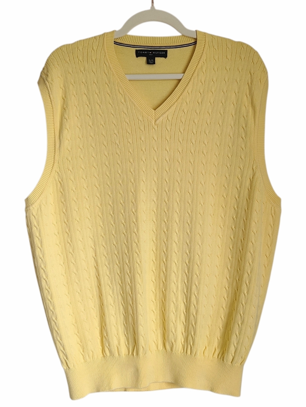 vintage tommy hilfiger golf sweater vest cable knit cotton yellow XL